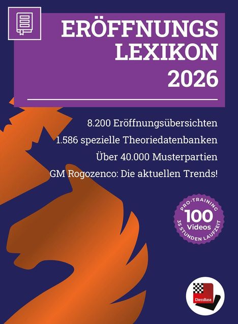 „ERÖFFNUNGSLEXIKON 2026“. Schachfigur Silhouette, lila Kreis „100 Videos“, Logo rechts unten.