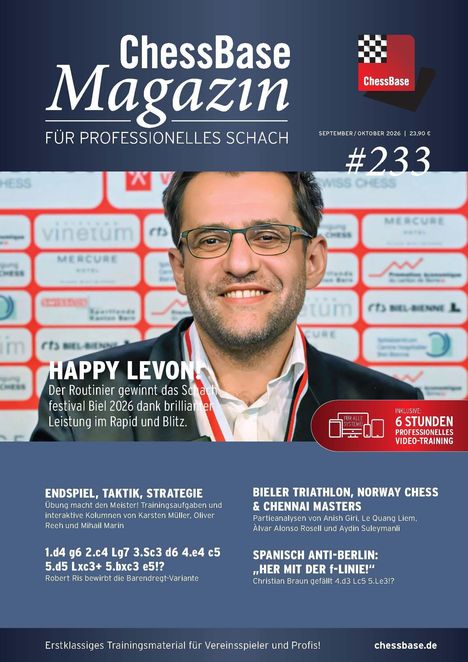 "Titel: ChessBase Magazin #233. 'HAPPY LEVON'. Ein Mann mit Brille lächelt. Logo oben rechts, Details zu Schachstrategien."
