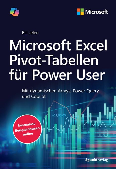 Buchtitel zu Microsoft Excel Pivot-Tabellen. Hintergrund zeigt Diagramm und Zahlen. Microsoft-Logo oben rechts.