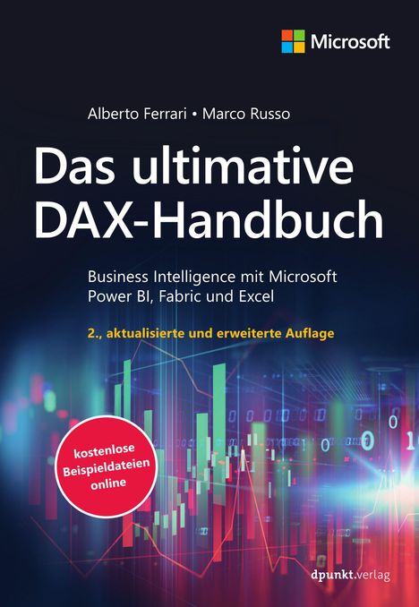 „Das ultimative DAX-Handbuch“ von Alberto Ferrari und Marco Russo. Grafik von bunten Finanzdiagrammen im Hintergrund.