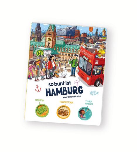 "So bunt ist Hamburg – eine Wimmelreise." Illustration des Hamburger Rathauses, Menschen, Bus und typischen Symbolen der Stadt.
