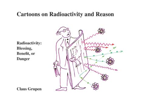 "Cartoons on Radioactivity and Reason", "Radioactivity: Blessing, Benefit, or Danger", "Claus Grupen". Illustration: Person mit Schild, umgeben von Atomen und Strahlen.