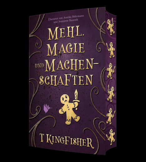 „MEHL, MAGIE UND MACHENSCHAFTEN“ steht in großen goldenen Buchstaben. Es zeigt einen Lebkuchenmann mit Messer.
