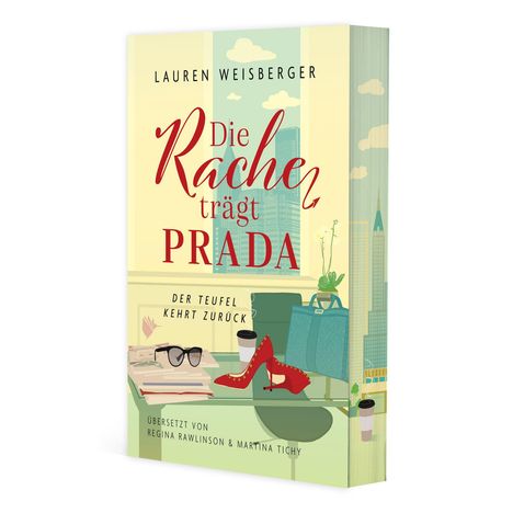 „Die Rache trägt Prada. Der Teufel kehrt zurück“. Illustration: High Heels, Brille, Tasche und Skyline im Hintergrund.