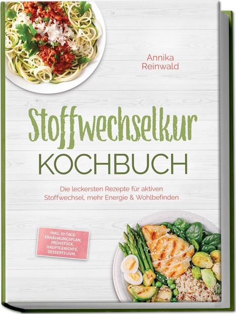 "Stoffwechselkur Kochbuch" von Annika Reinwald. Rezepte für aktiven Stoffwechsel. Bilder von Spaghetti und Salat.
