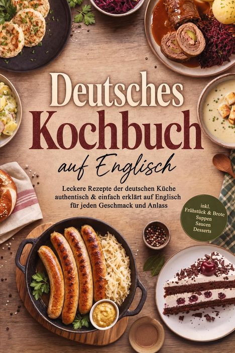 "Deutsches Kochbuch auf Englisch" steht über leckeren deutschen Gerichten wie Würstchen, Brezel und Schwarzwälder Kirschtorte.
