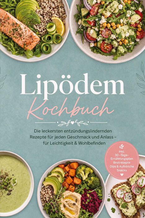 Text: "Lipödem Kochbuch. Die leckersten entzündungslindernden Rezepte..." Illustration von appetitlichen, gesunden Gerichten.