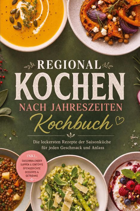 „REGIONAL KOCHEN NACH JAHRESZEITEN“. Verschiedene Gerichte wie Suppen und Salate umgeben den Text.