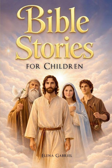 „Bible Stories for Children“ von Elena Gabriel. Vier Personen in biblischer Kleidung vor wolkigem Himmel.