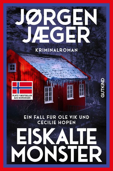 „Jørgen Jæger: Eiskalte Monster. Kriminalroman. Ein Fall für Ole Vik und Cecilie Hopen.“ Ein rotes Haus mit Schnee.