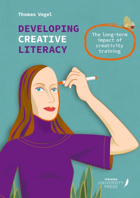 "Developing Creative Literacy" und "The long-term impact of creativity training." Illustration: Frau zieht Augenbrauen nach.