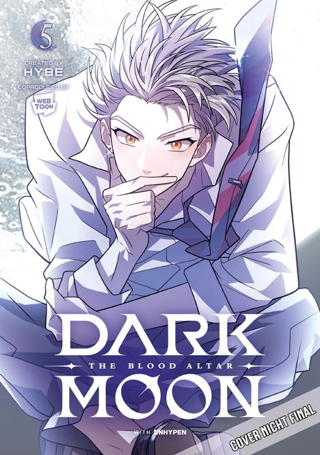 "5", "CREATED BY HYBE", "COPRODUCED BY WEBTOON", "DARK MOON", "THE BLOOD ALTAR", "COVER NICHT FINAL". Illustration: Junge mit weißem Haar.
