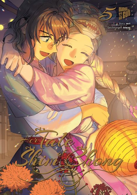 "Her Tale of Shim Chong", Story von seri, Zeichnungen von biwan. Zwei fröhliche Personen umarmen sich bei Laternenlicht.