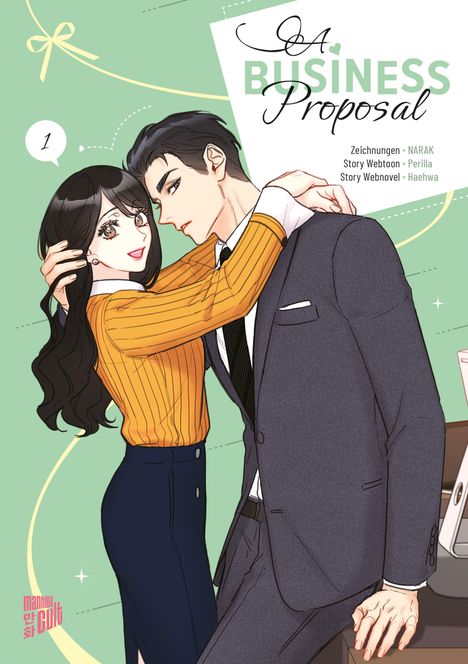 „A Business Proposal“ steht oben. Illustration eines Paares, das sich umarmt, sie trägt einen orangefarbenen Pullover.
