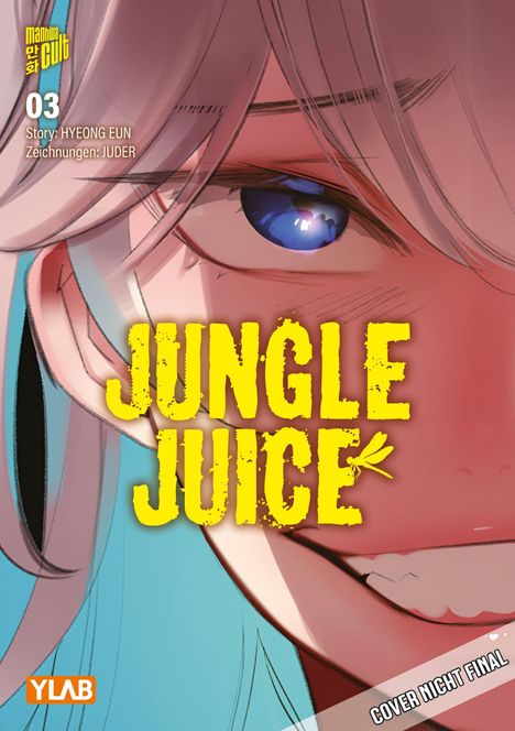 Titel "Jungle Juice", große gelbe Schrift. Nahaufnahme eines lächelnden Gesichts mit blauem Auge. Manga-Stil.