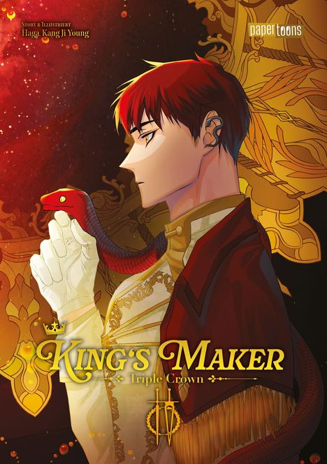 Text: "King's Maker: Triple Crown", "Haga, Kang Ji Young", "papertoons". Illustration eines Mannes mit roter Schlange.