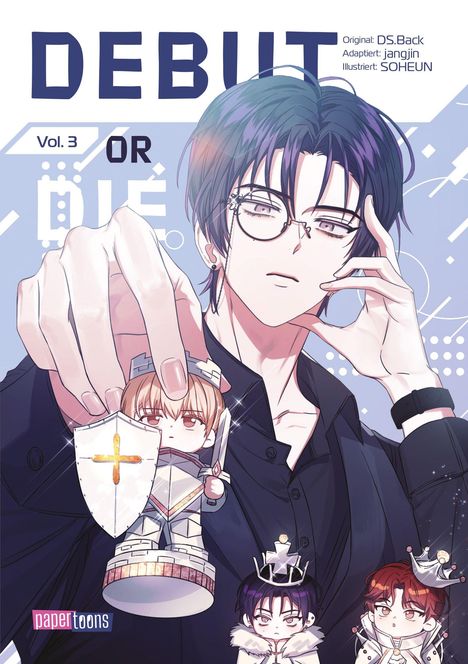 „DEBUT or DIE Vol. 3“. Illustration eines Mannes mit Brille, der eine Spielfigur hält. Darunter zwei Spielfiguren mit Kronen.