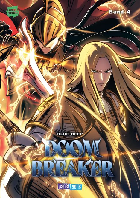 Eine Illustration mit "Band 4", "BLUE-DEEP" und "DOOM BREAKER" Text. Zwei Charaktere, einer mit goldenem Helm, der andere langhaarig.
