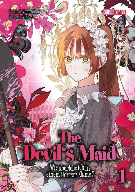 "The Devil's Maid. Wie überlebe ich in einem Horror-Game? 1." Illustration mit Mädchen, Blumen, und Schaufel.