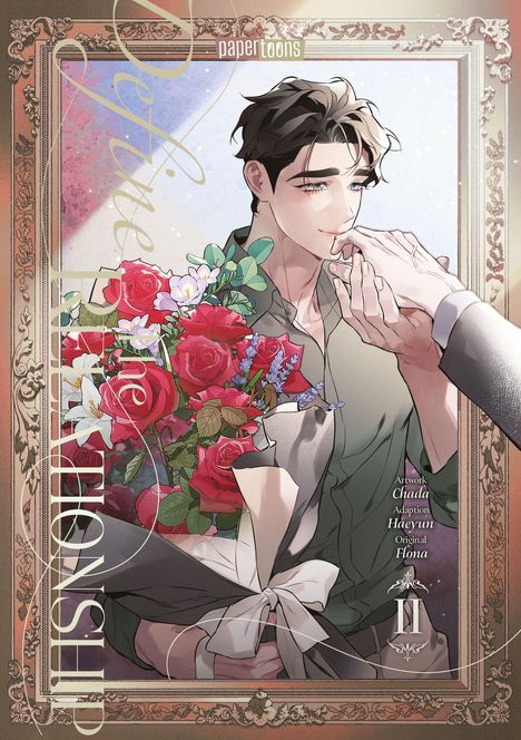 Text: "Relationship", "papertoons", "Artwork Chada", "Adaption Haeyun", "Original Fiona", "II". Illustration: Mann mit Blumen.