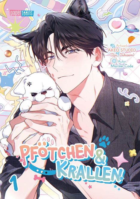 "Pfö(t)chen & Krallen" mit einem jungen Mann, der ein kleines Hundespielzeug hält, und bunten Deko-Elementen.