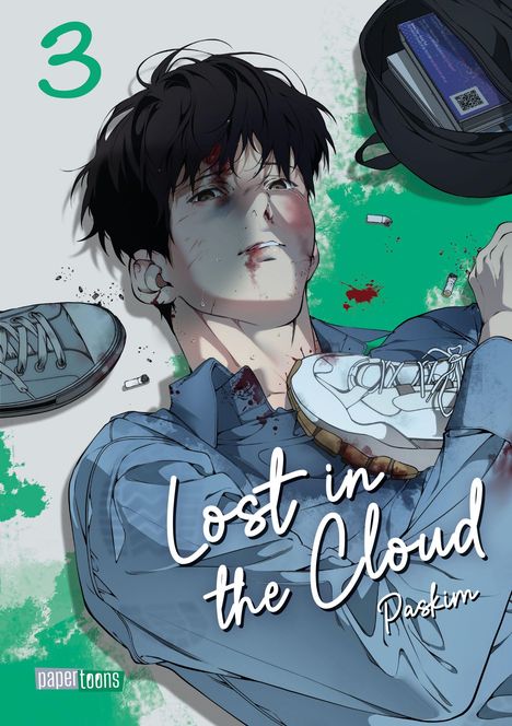 „3. Lost in the Cloud. Paskim.“

Ein gezeichneter, verletzter junger Mann liegt auf blau-grünem Hintergrund. Turnschuhe und Rucksack daneben.