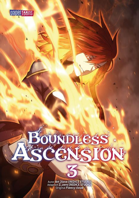 „BOUNDLESS ASCENSION 3“. Eine Figur mit rotem Haar in Flammen gehüllt, dynamisch und kraftvoll dargestellt.