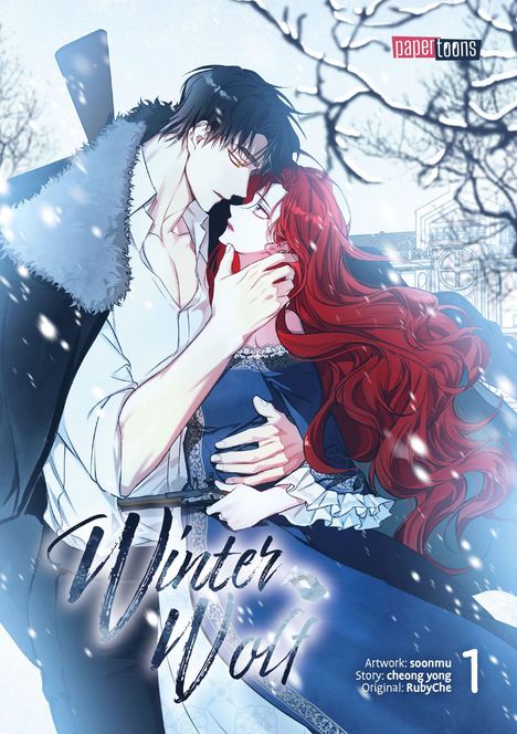 "Winter Wolf", Artwork von Soonmu. Illustration mit einem Mann und einer Frau im Schnee, romantische Umarmung.
