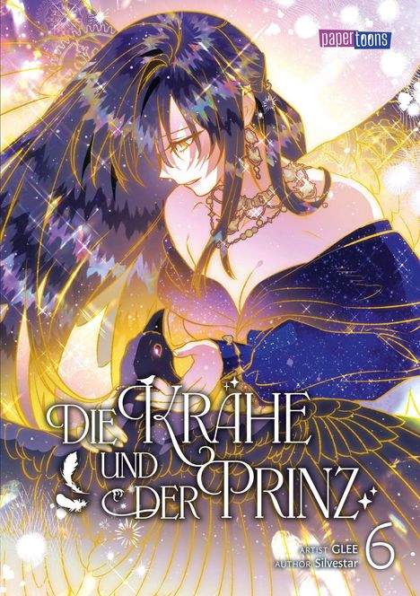 "Die Krähe und der Prinz" steht oben in fantasievoller Schrift. Frau mit glitzerndem Kleid und dunklem Haar, hält eine Krähe.