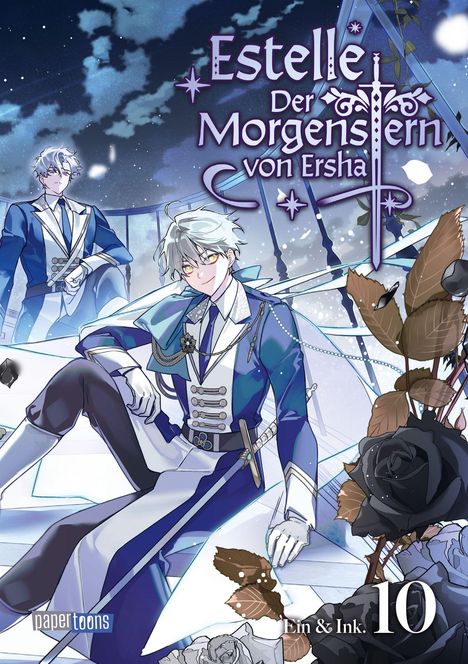"Estelle: Der Morgenstern von Ersha", Band 10. Zwei Männer in eleganter Kleidung, eine schwarze Rose und eine sternklare Nacht.