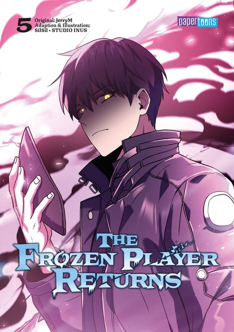 „THE FROZEN PLAYER RETURNS“ in blauer Schrift. Illustration: Junge mit lila Haaren hält ein Objekt und steht vor einem rosa Hintergrund.