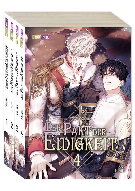 "Der Pakt der Ewigkeit 4" steht auf Manga-Cover. Zwei stilisierte, männliche Figuren in fantasievoller Kleidung.