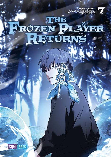 "The Frozen Player Returns" steht in großen blauen Buchstaben. Illustration von einem jungen Mann mit Eiskristall-Figur.