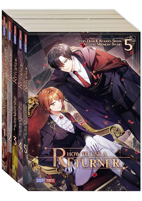 Bände 1-5 der Buchreihe "How to Use a Returner", bunte Manga-Cover mit Charakteren in fantasievollen Kostümen.