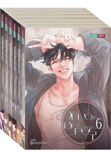 Ouroboros von Songhye. Zwei Manga-Charaktere, einer mit Brille und Buch, der andere lachend mit erhobenen Armen.