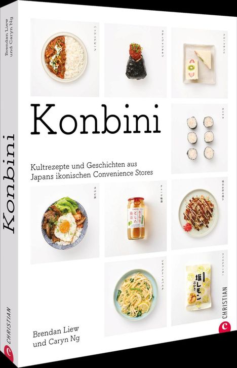 "Konbini: Kultrezepte und Geschichten aus Japans ikonischen Convenience Stores." Collage japanischer Gerichte und Produkte.
