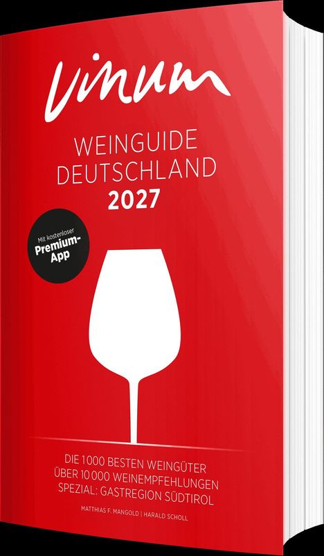 „Vinum Weinguide Deutschland 2027“, „Mit kostenloser Premium-App“. Roter Hintergrund, weißes Weinglas-Symbol.