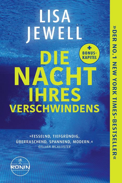 „Der No. 1 New York Times-Bestseller“, „Die Nacht ihres Verschwindens“. Unter Wasser, blaue Blasen steigen auf.