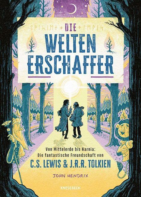 „Die Welten Erschaffer“ in großer Schrift. Zwei Figuren gehen Hand in Hand im Wald. Bäume und Fantasiewesen umgeben sie.