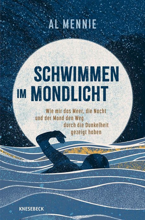 "Schwimmen im Mondlicht" von Al Mennie: Ein Schwimmer im Wasser, Mond im Hintergrund, blaue und goldene Farbtöne.
