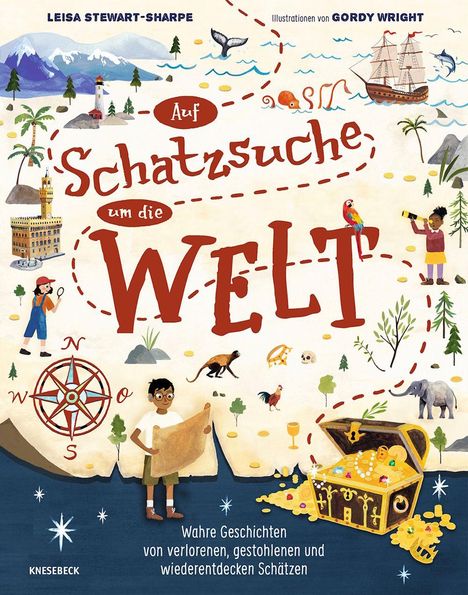 "Auf Schatzsuche um die Welt" oben. Unten: "Wahre Geschichten von verlorenen, gestohlenen und wiederentdeckten Schätzen". 

Illustration: Karte, Kompass, Tiere, Schatzkiste.