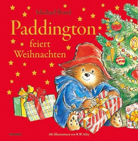 „Paddington feiert Weihnachten“ von Michael Bond. Illustration: Bär mit rotem Hut, Geschenke, Weihnachtsbaum.