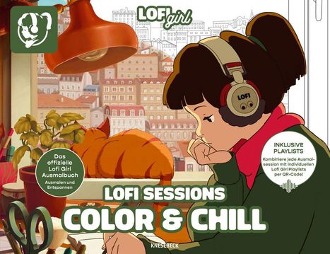 LOFI SESSIONS COLOR & CHILL. Illustration eines Mädchens mit Kopfhörern, das malt, neben einer schlafenden Katze.