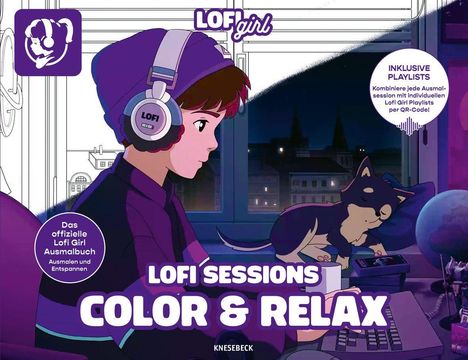 "LOFI SESSIONS COLOR & RELAX" in großer, auffälliger Schrift. Zeichnung eines Mädchens mit Kopfhörern und schlafendem Hund.