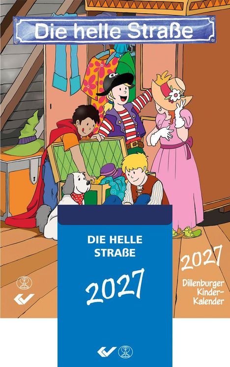 "Die helle Straße 2027, Dillenburger Kinder-Kalender." Illustration: Kinder verkleiden sich fantasievoll auf einem Dachboden.