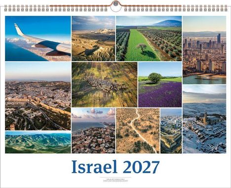 "Israel 2027" steht in blauer Schrift. Verschiedene Landschaftsfotos zeigen Meer, Städte, Felder, Wüsten und Berge.