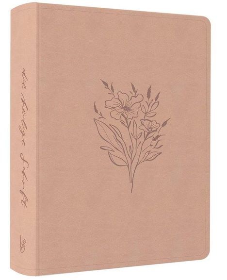 Der Text "die heilige Schrift" ist in einer eleganten Schriftart an der Seite. In der Mitte ist eine feine Blumenillustration.