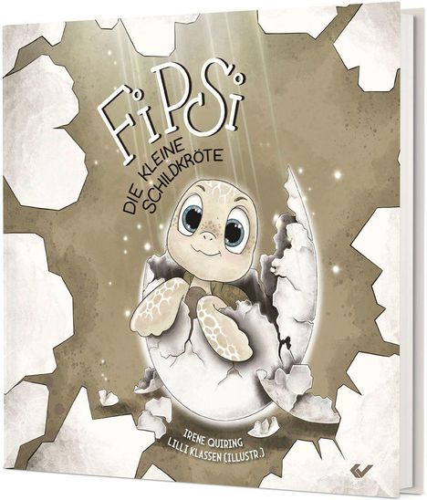 „FIPSI, DIE KLEINE SCHILDKRÖTE“ steht auf einem Buchcover. Eine niedliche Schildkröte schlüpft aus einem Ei.