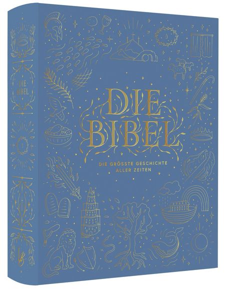Texte: "DIE BIBEL", "DIE GRÖSSTE GESCHICHTE ALLER ZEITEN". Illustrationen biblischer Symbole in Gold auf blauem Hintergrund.