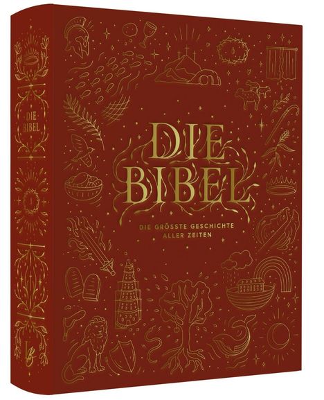 Text: "DIE BIBEL" und "DIE GRÖSSTE GESCHICHTE ALLER ZEITEN". Rotes Cover mit goldenen, religiösen Symbolen und Illustrationen.